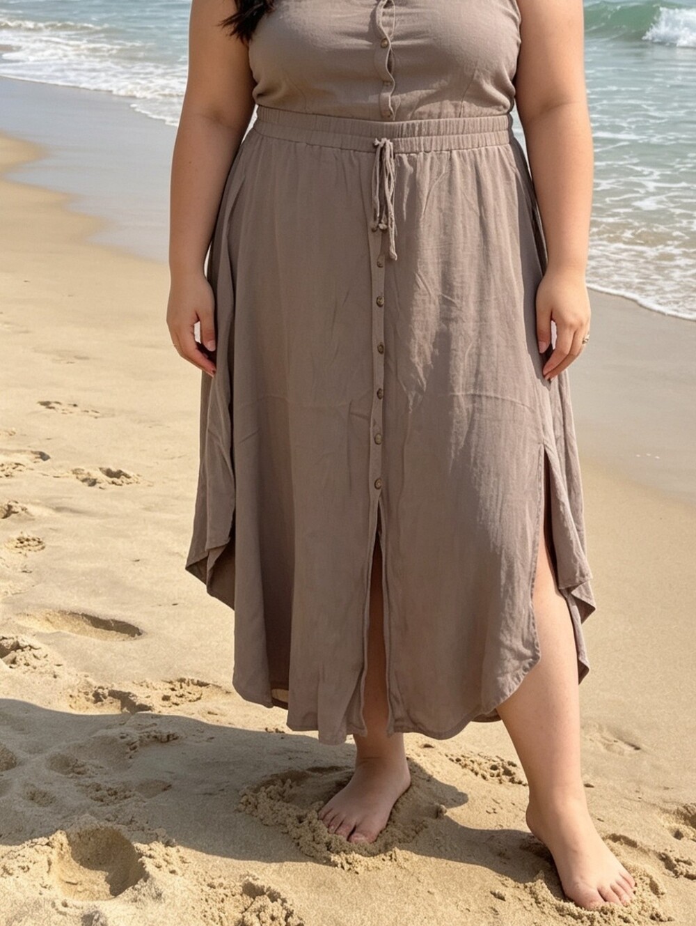 Final Touch Button Front Maxi Skirt Size 3X Taupe Flowy Rayon Gauze Plus Size